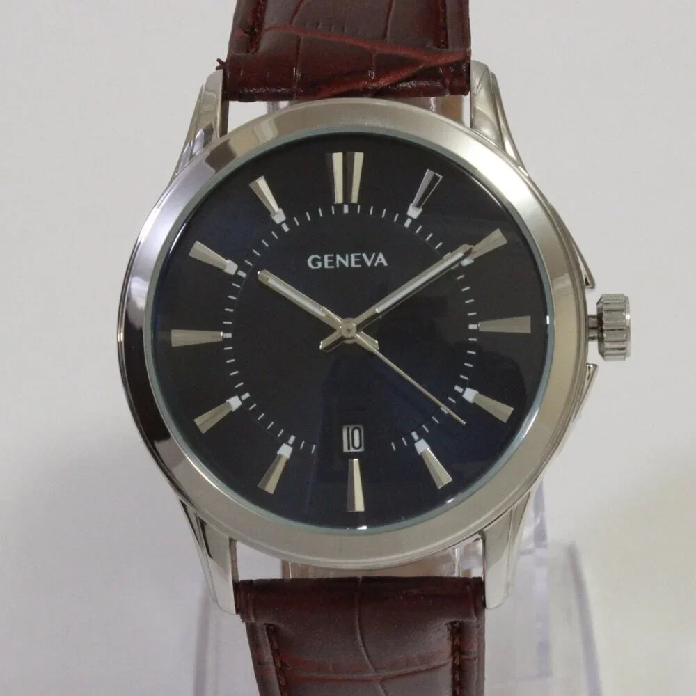 Geneva Men's Dress Watch Silver Tone Navy Blue Dial Brown Strap 42mm